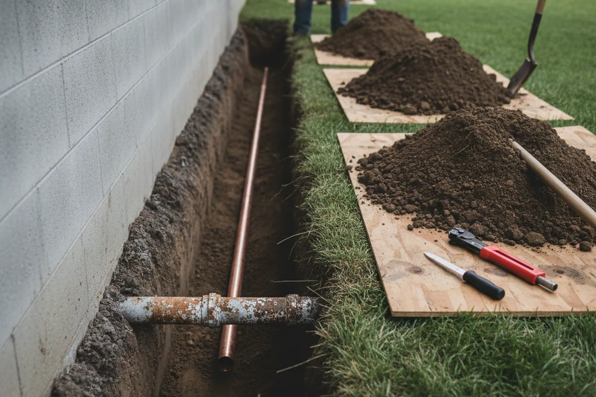 Excavated water line trench during Water Softener Installation in Churchville